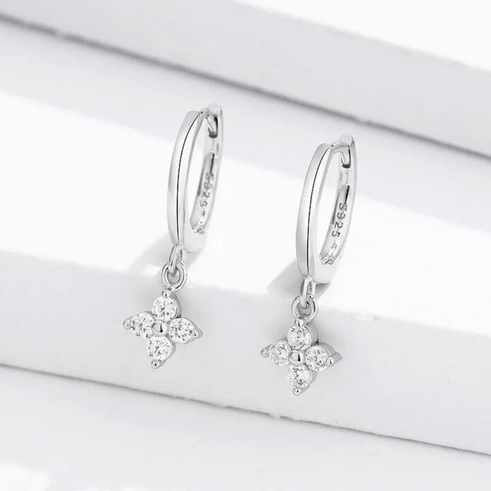 Dainty Crystal Flower Charm Hoop Earrings in Silver